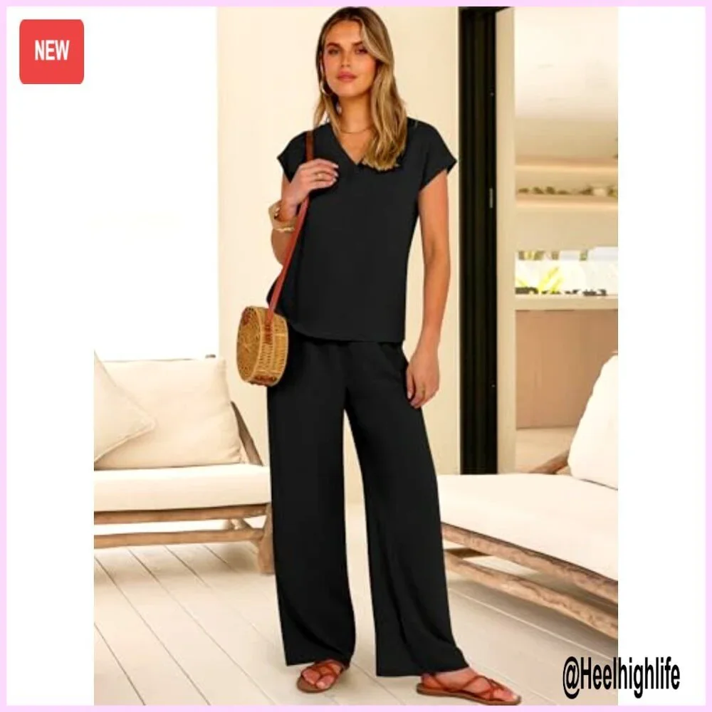 2-Piece Lounge Set V-Neck Top Wide Leg Pants Travel Outfit